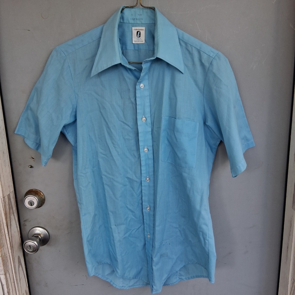 Vintage Manhattan Lean & Lively Light Blue Short Sleeve Button Down Shirt 15